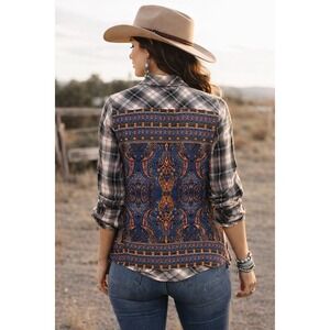 VIA MILANO Womens Top XL Plaid Flannel Paisley Contrast Mix Boho Country Western